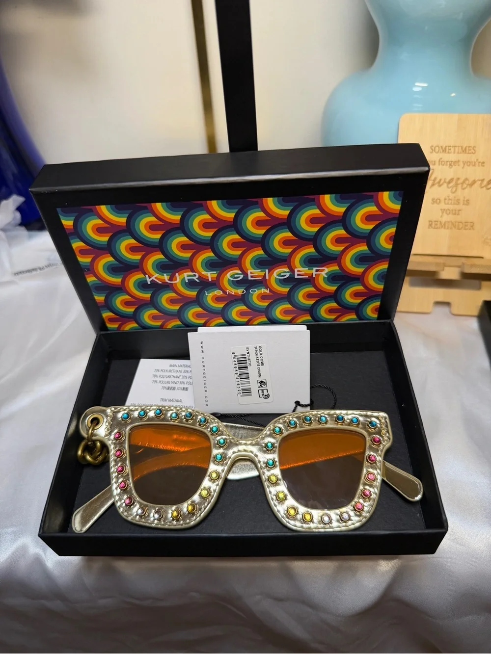 Kurt Geiger Gold Square Sunglasses with Multicolor Stones Bag Charm Keychain NWT